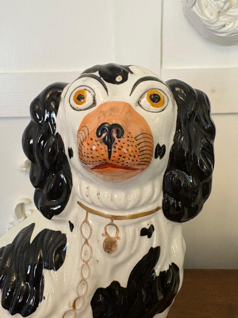 Antique Pair of Staffordshire Black & White Spaniel Dogs